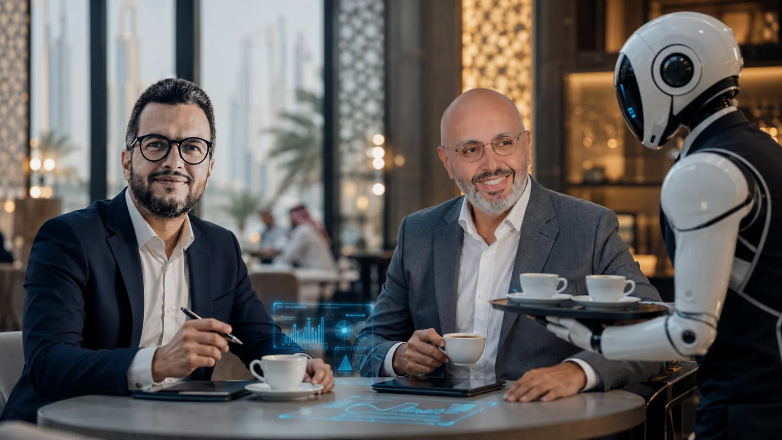 Hani and Selim discussing over coffee with an AI agent serving them