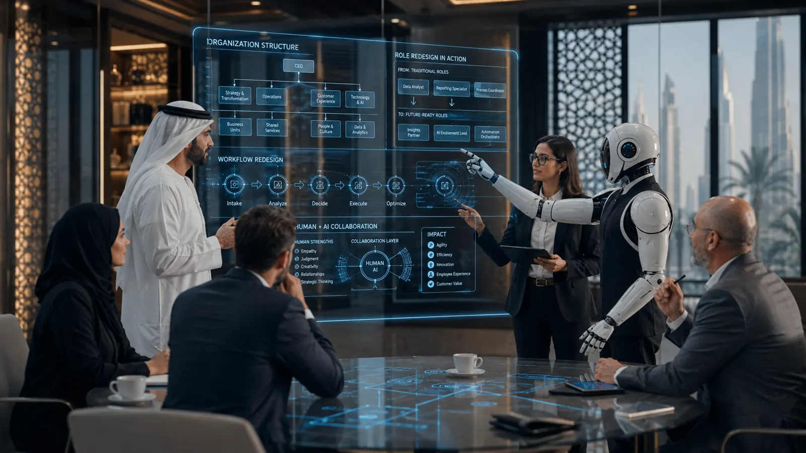Organization redesign meeting with AI agent